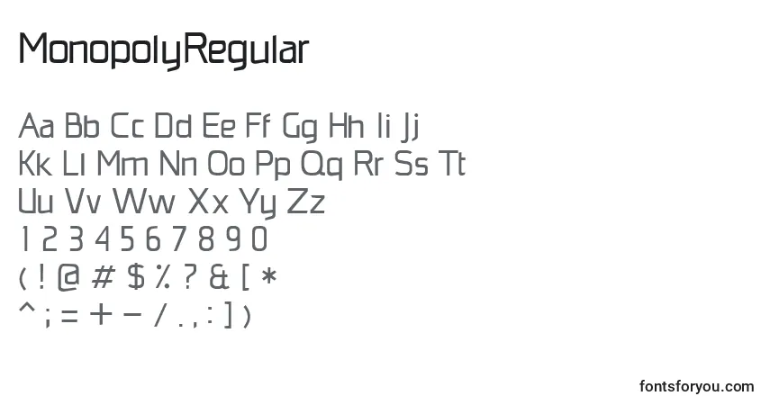 A fonte MonopolyRegular – alfabeto, números, caracteres especiais