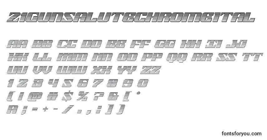 Czcionka 21gunsalutechromeital – alfabet, cyfry, specjalne znaki