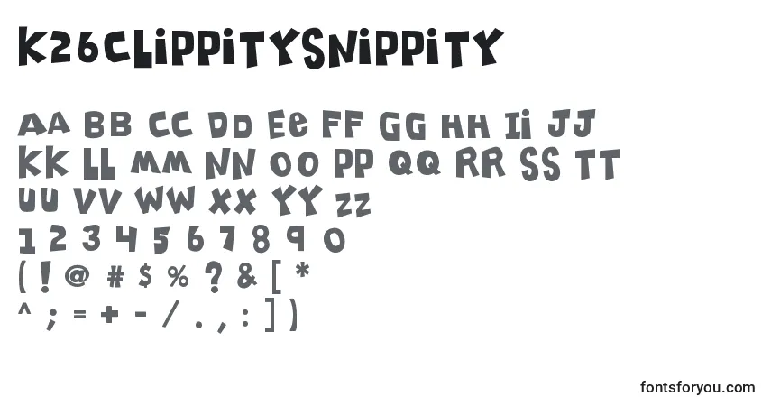 Schriftart K26clippitysnippity – Alphabet, Zahlen, spezielle Symbole
