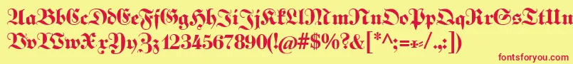 Fettekabinettfraktur-Schriftart – Rote Schriften auf gelbem Hintergrund