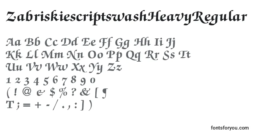 A fonte ZabriskiescriptswashHeavyRegular – alfabeto, números, caracteres especiais