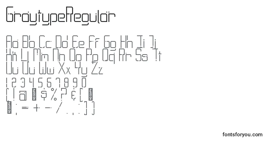 Czcionka GraytypeRegular – alfabet, cyfry, specjalne znaki