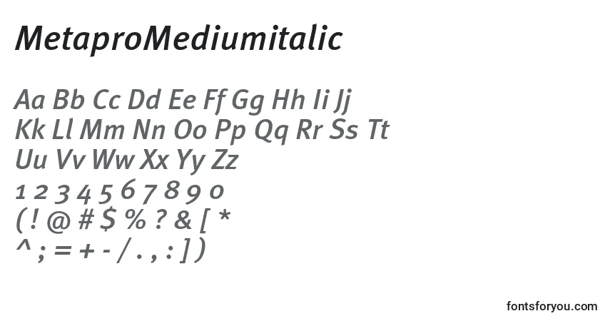 A fonte MetaproMediumitalic – alfabeto, números, caracteres especiais