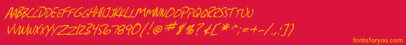SfGrungeSansScItalic-Schriftart – Orangefarbene Schriften auf rotem Hintergrund