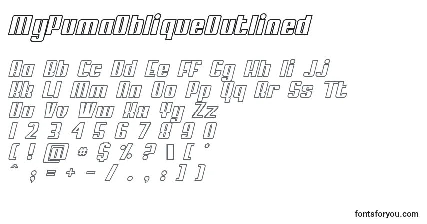 Czcionka MyPumaObliqueOutlined – alfabet, cyfry, specjalne znaki