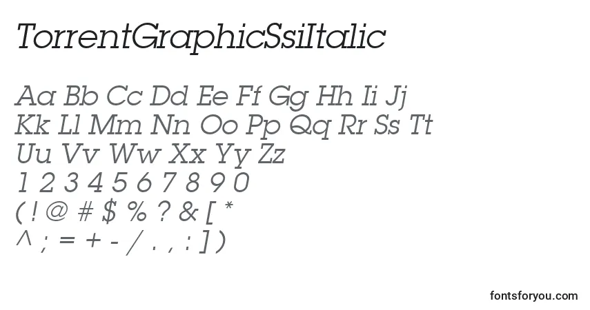 Czcionka TorrentGraphicSsiItalic – alfabet, cyfry, specjalne znaki