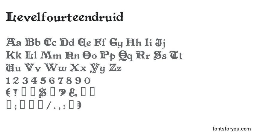 Czcionka Levelfourteendruid – alfabet, cyfry, specjalne znaki