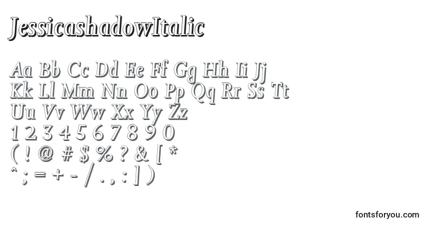 A fonte JessicashadowItalic – alfabeto, números, caracteres especiais