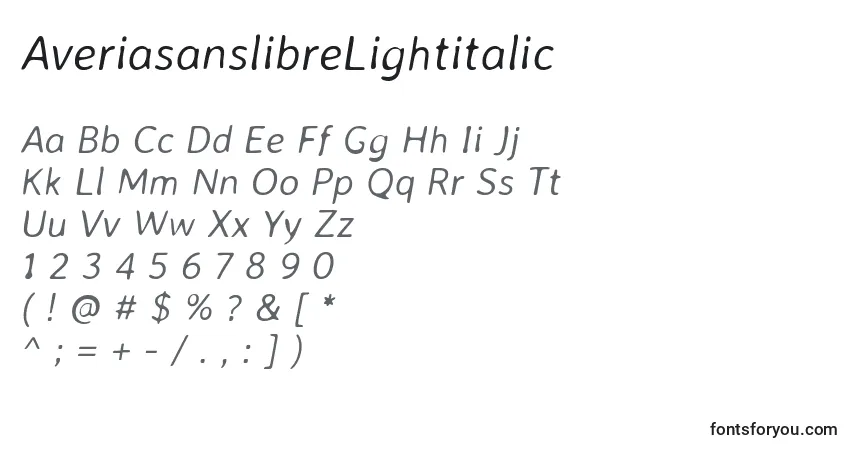 A fonte AveriasanslibreLightitalic – alfabeto, números, caracteres especiais