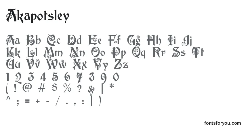 A fonte Akapotsley – alfabeto, números, caracteres especiais