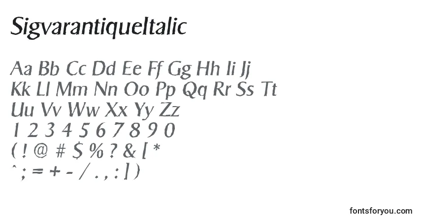 Czcionka SigvarantiqueItalic – alfabet, cyfry, specjalne znaki