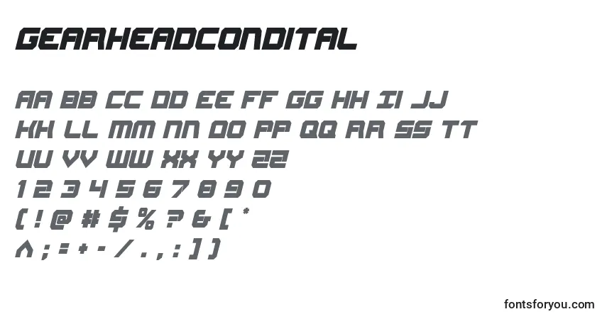 Schriftart Gearheadcondital – Alphabet, Zahlen, spezielle Symbole