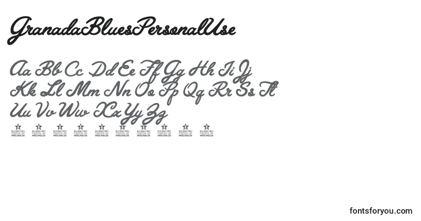 A fonte GranadaBluesPersonalUse – alfabeto, números, caracteres especiais