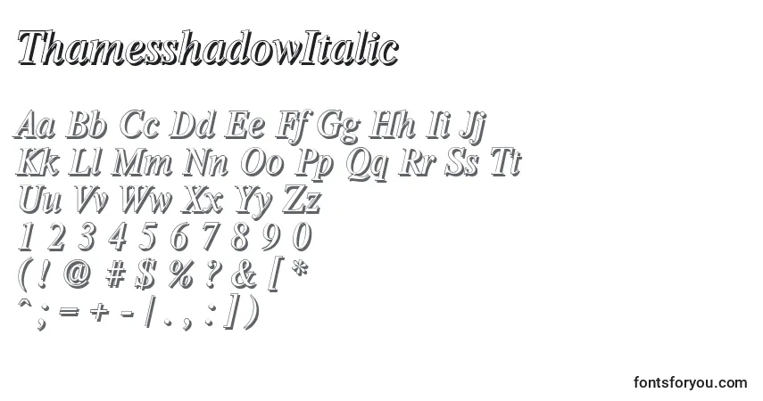 Czcionka ThamesshadowItalic – alfabet, cyfry, specjalne znaki
