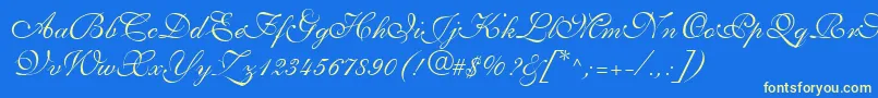 AllegrettoScriptTwo-Schriftart – Gelbe Schriften auf blauem Hintergrund