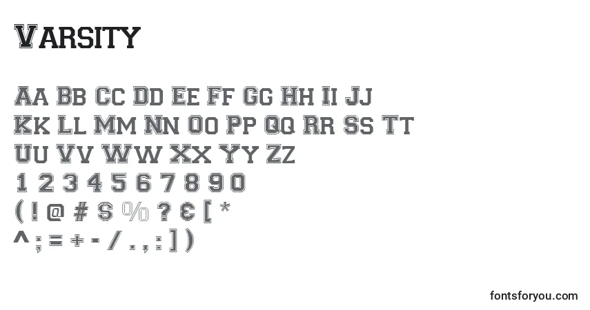 Шрифт Varsity – алфавит, цифры, специальные символы