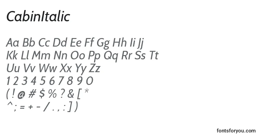 A fonte CabinItalic – alfabeto, números, caracteres especiais