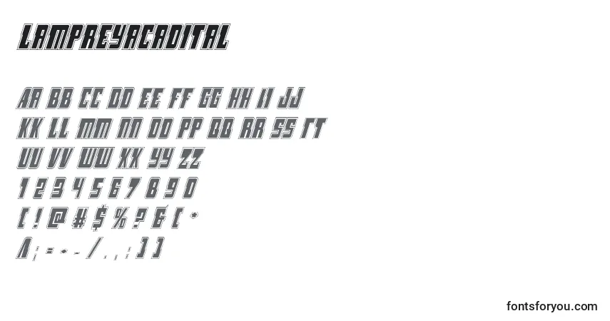 Czcionka Lampreyacadital – alfabet, cyfry, specjalne znaki
