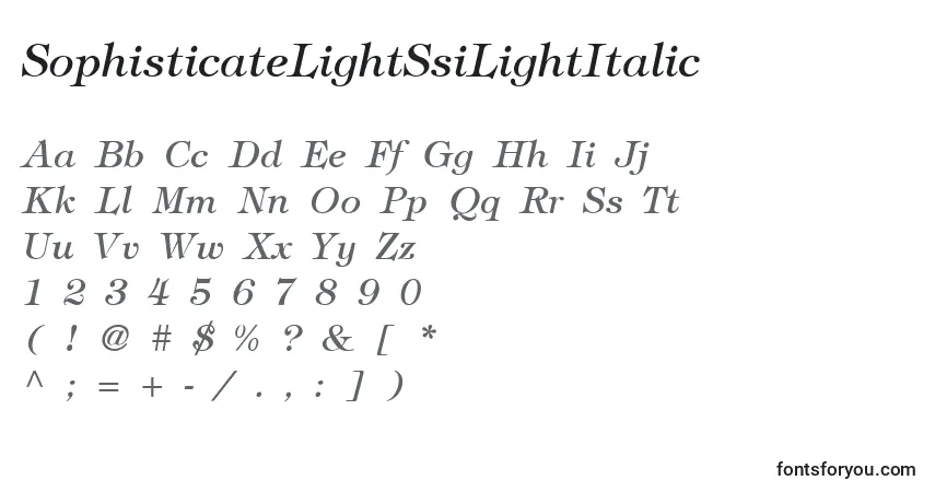 Czcionka SophisticateLightSsiLightItalic – alfabet, cyfry, specjalne znaki