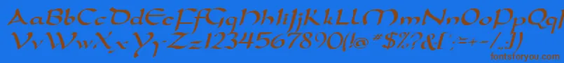 フォントD790ScriptRegular – 茶色の文字が青い背景にあります。