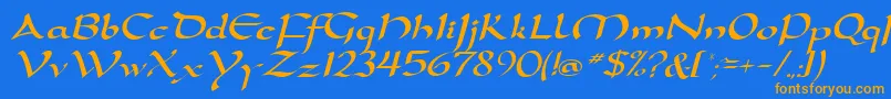 フォントD790ScriptRegular – オレンジ色の文字が青い背景にあります。