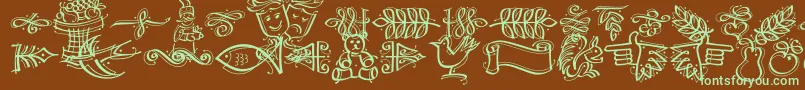 フォントDfCalligraphicOrnamentsLetPlain.1.0 – 緑色の文字が茶色の背景にあります。