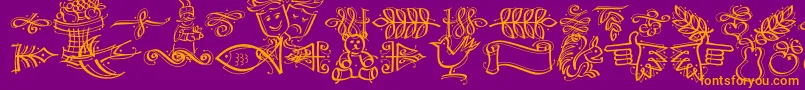 Saiba mais sobre a fonte DfCalligraphicOrnamentsLetPlain.1.0 Fonte DfCalligraphicOrnamentsLetPlain.1.0 – fontes laranjas em um fundo violeta