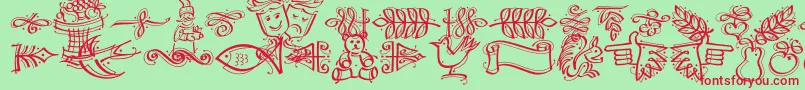 Saiba mais sobre a fonte DfCalligraphicOrnamentsLetPlain.1.0 Fonte DfCalligraphicOrnamentsLetPlain.1.0 – fontes vermelhas em um fundo verde