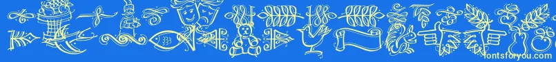 DfCalligraphicOrnamentsLetPlain.1.0 Font – Yellow Fonts on Blue Background
