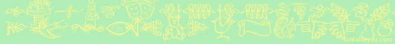DfCalligraphicOrnamentsLetPlain.1.0 Font – Yellow Fonts on Green Background
