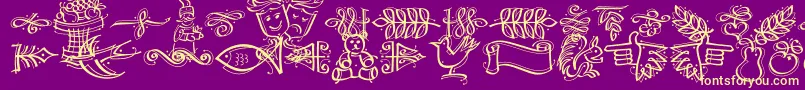 Fonte DfCalligraphicOrnamentsLetPlain.1.0 – fontes amarelas em um fundo roxo