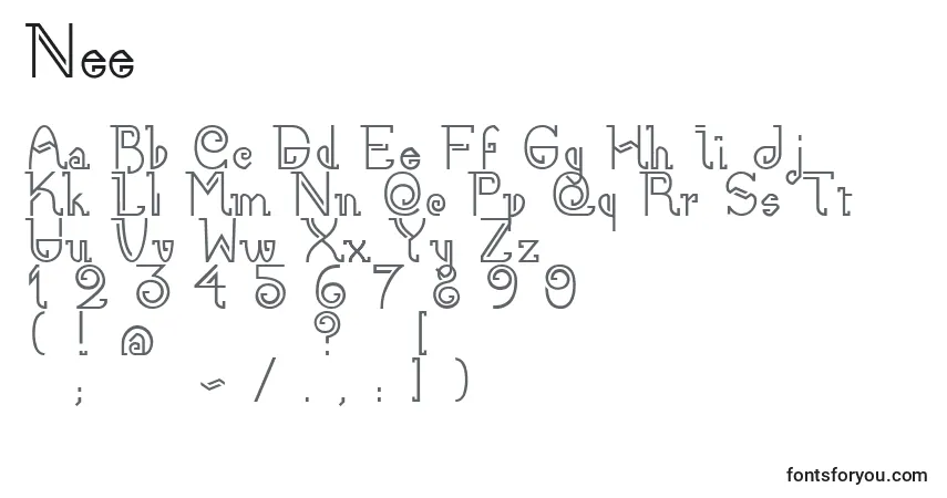 Schriftart Nee – Alphabet, Zahlen, spezielle Symbole