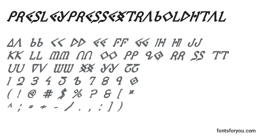 Czcionka PresleyPressExtraboldItal – alfabet, cyfry, specjalne znaki