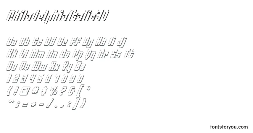 Шрифт PhiladelphiaItalic3D – алфавит, цифры, специальные символы