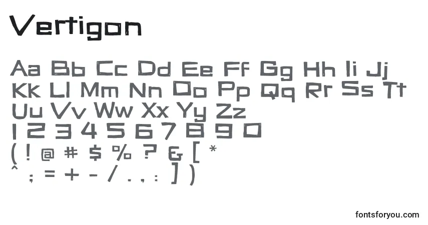 Czcionka Vertigon – alfabet, cyfry, specjalne znaki