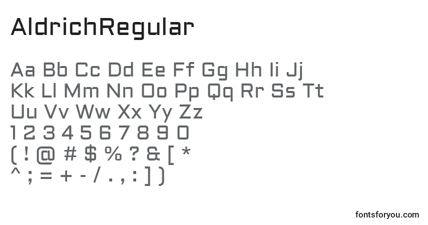 Czcionka AldrichRegular – alfabet, cyfry, specjalne znaki