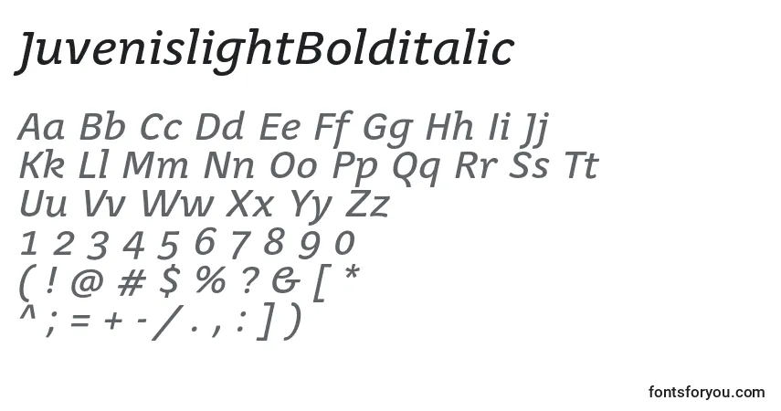 Fuente JuvenislightBolditalic - alfabeto, números, caracteres especiales
