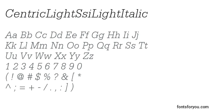 Шрифт CentricLightSsiLightItalic – алфавит, цифры, специальные символы
