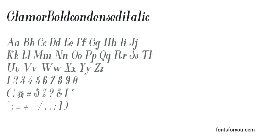 Schriftart GlamorBoldcondenseditalic (117188) – Alphabet, Zahlen, spezielle Symbole