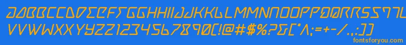 フォントTracerboldital – オレンジ色の文字が青い背景にあります。