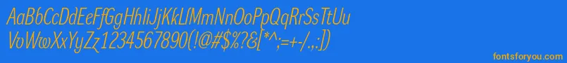 Weitere Informationen zur DynagrotesklcItalic-Schriftart DynagrotesklcItalic-Schriftart – Orangefarbene Schriften auf blauem Hintergrund