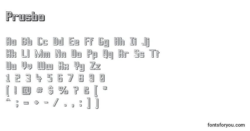 A fonte Prusbo – alfabeto, números, caracteres especiais