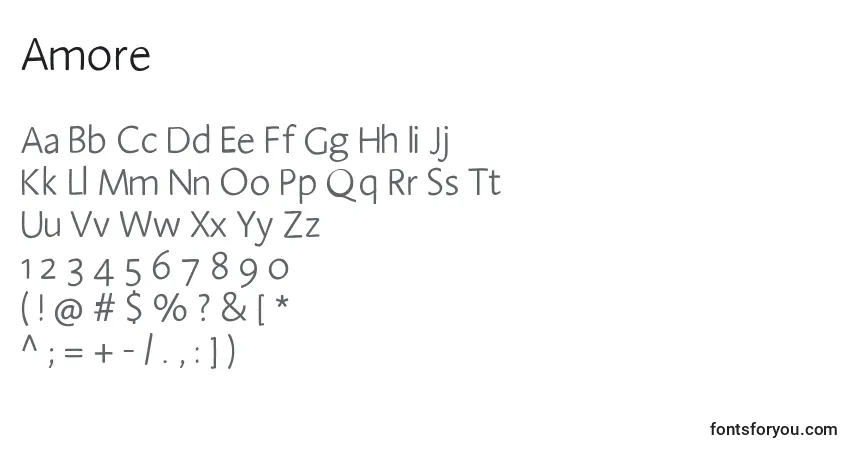Czcionka Amore – alfabet, cyfry, specjalne znaki
