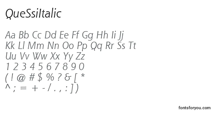 A fonte QueSsiItalic – alfabeto, números, caracteres especiais