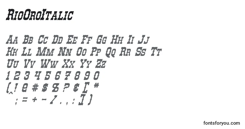 Шрифт RioOroItalic – алфавит, цифры, специальные символы