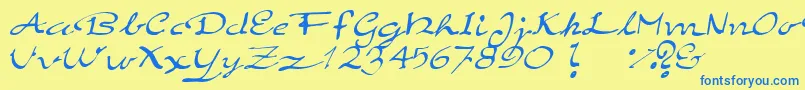 フォントElegantHandScript – 青い文字が黄色の背景にあります。