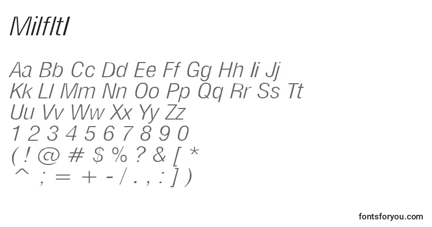 Schriftart MilfltI – Alphabet, Zahlen, spezielle Symbole