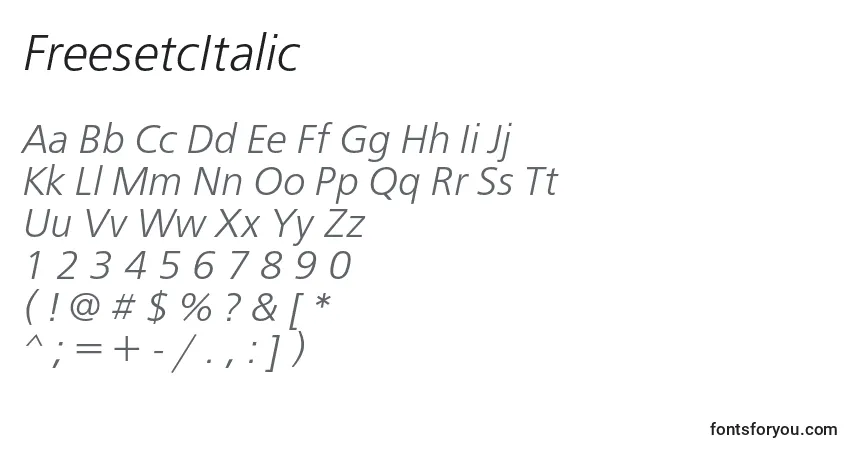Czcionka FreesetcItalic – alfabet, cyfry, specjalne znaki