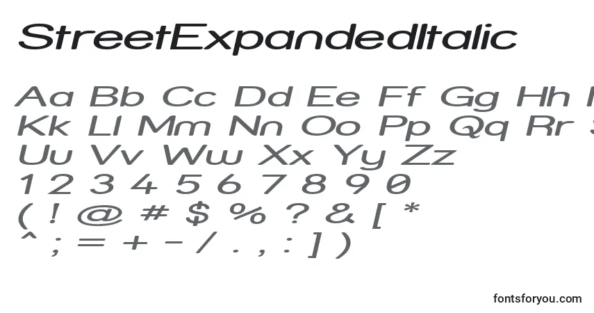 Czcionka StreetExpandedItalic – alfabet, cyfry, specjalne znaki
