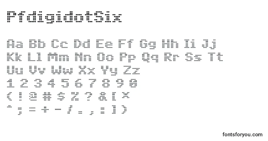 Czcionka PfdigidotSix – alfabet, cyfry, specjalne znaki